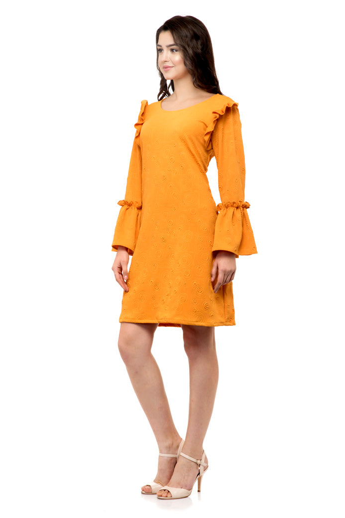 Orange ruffle sleeve one piece dress with ruffle hem