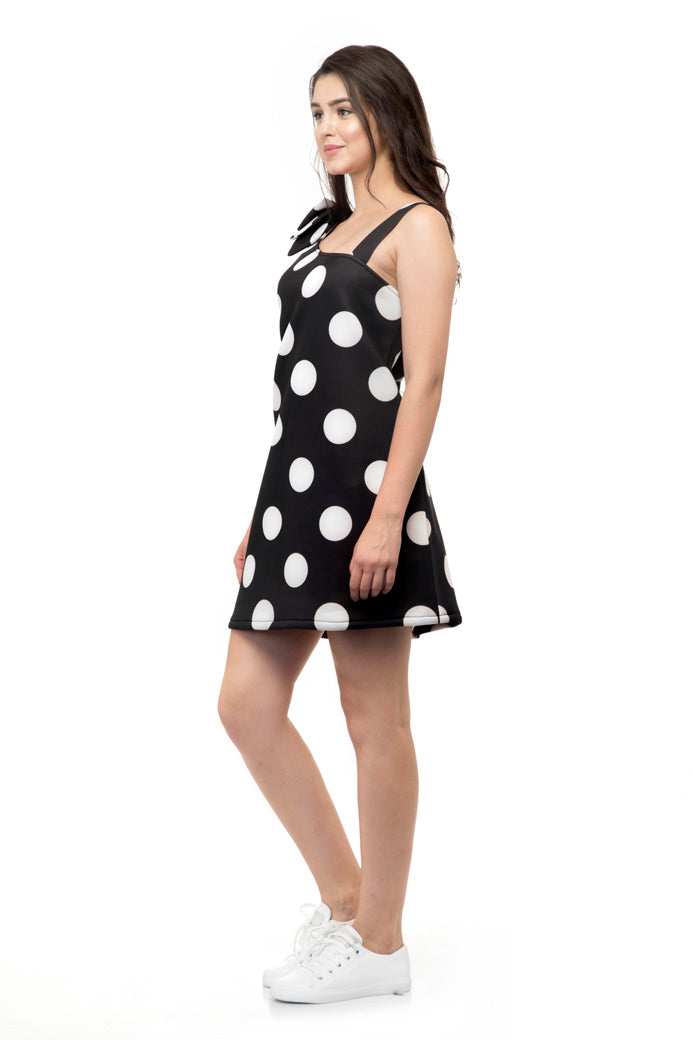 One Stripped shoulder white polka dots black mini dress