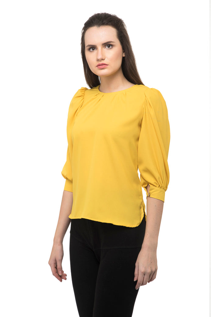 Yellow ruffle trim cuffs top