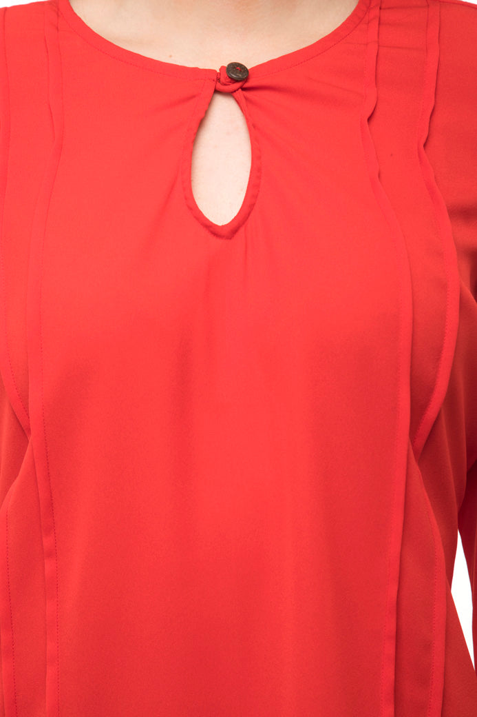 Notched neck with button red top with side stripped