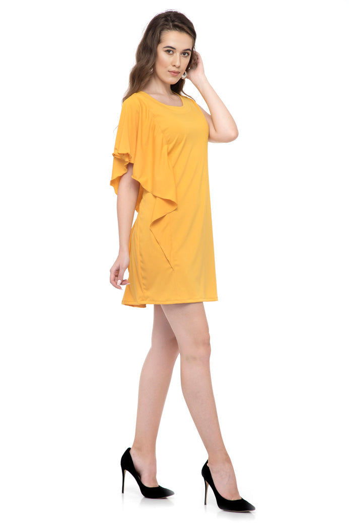 Dark Yellow one side long ruffle sleeve dress