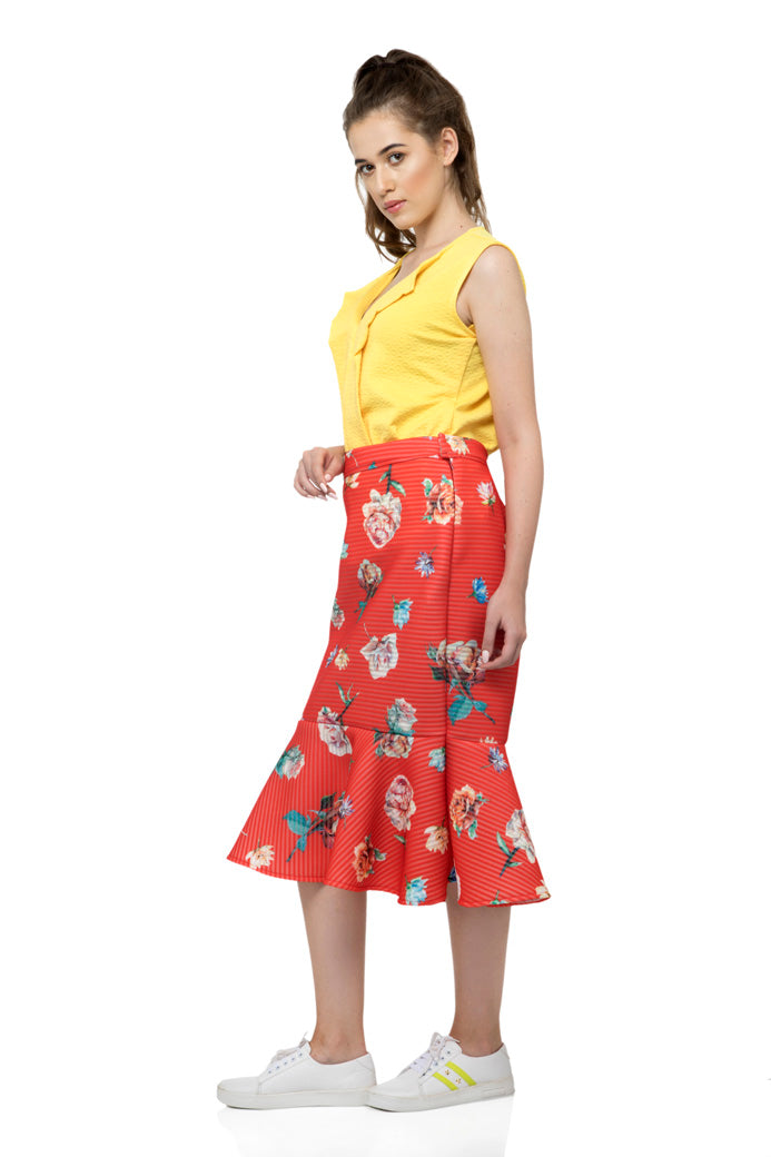 Flared vertical belt design sleeveless yellow top