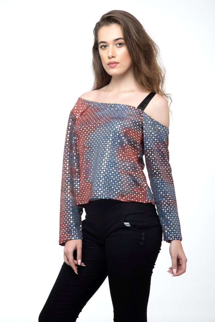 One Side Striped off Shoulder Bright Party Wear Top