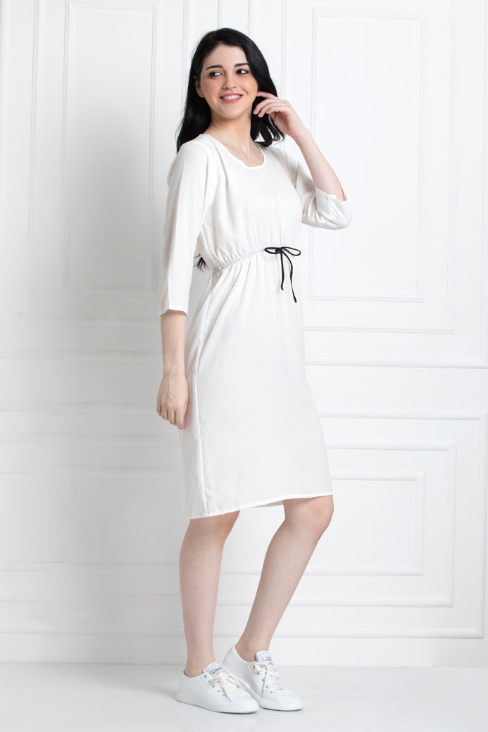 Round Neck cinched waist Dress in 100% Cotton