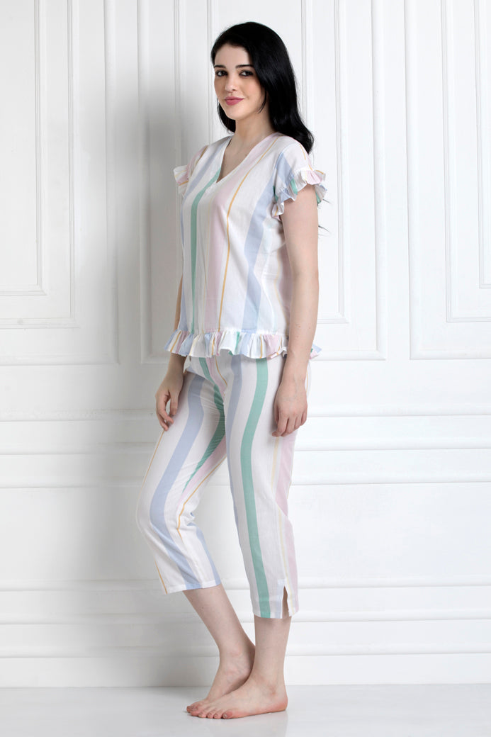 V-Neck Top With Down Ruffle Hem & Pyjamas