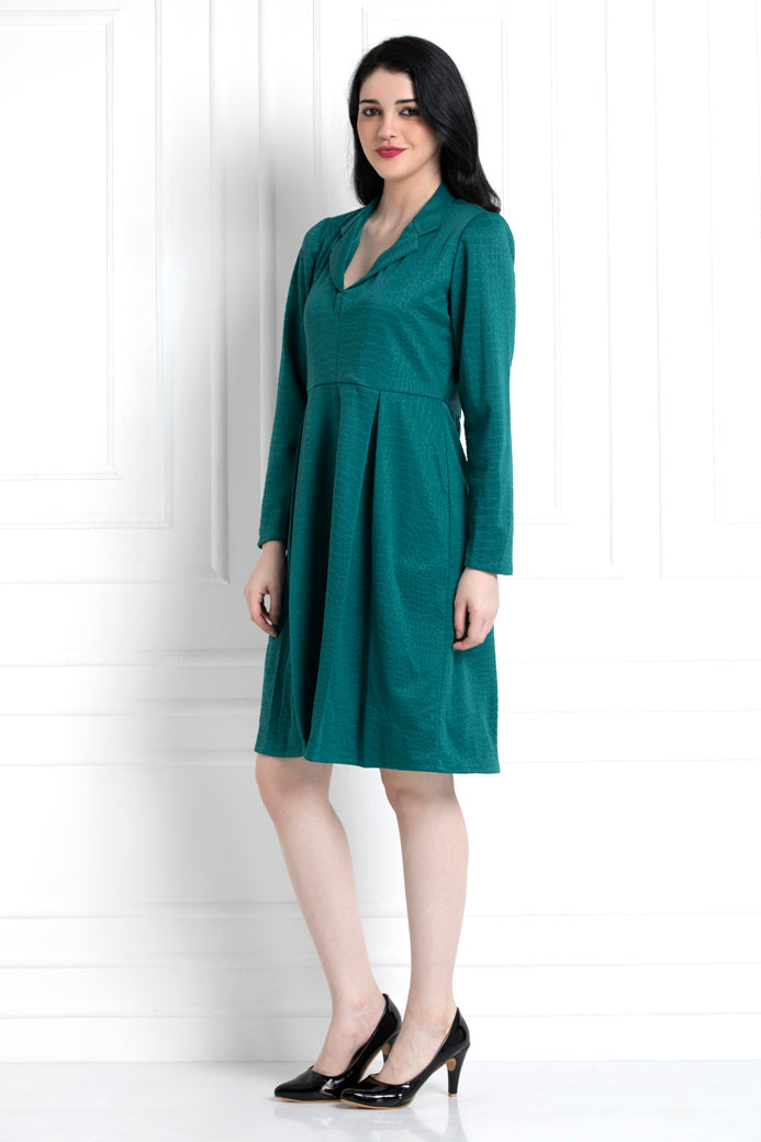 Emerald Green Coat Style Collar, Pleated Dress, For That Elegant Day To Evening Dressing