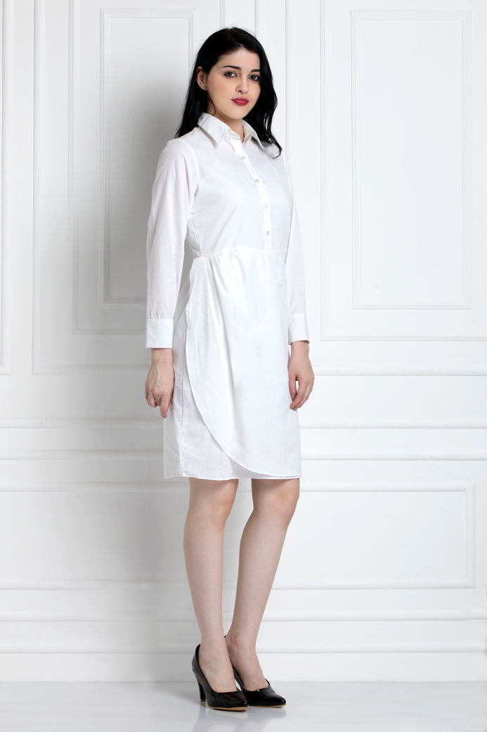 Collared Shirt Dress With Below The Waist Ruching
