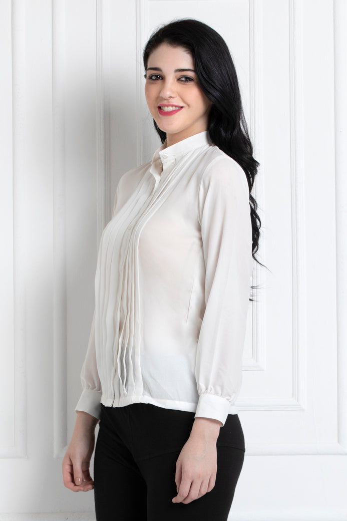 Stand Collar Full Sleeves Top With Pintucks