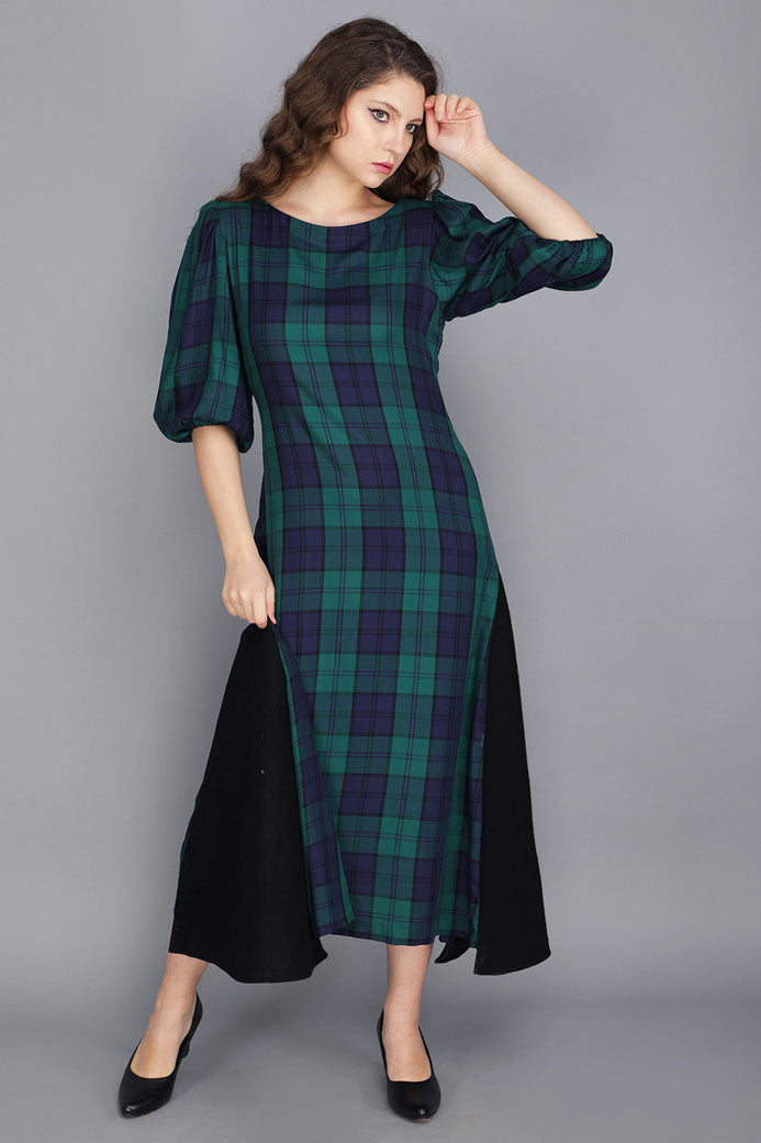 TARTAN HIGH AND LOW BALLOON SLEEVE DRESS