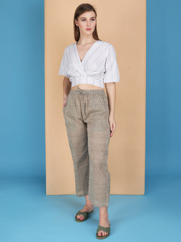 Overlap elasticated waist striped blouson made in natural fibre