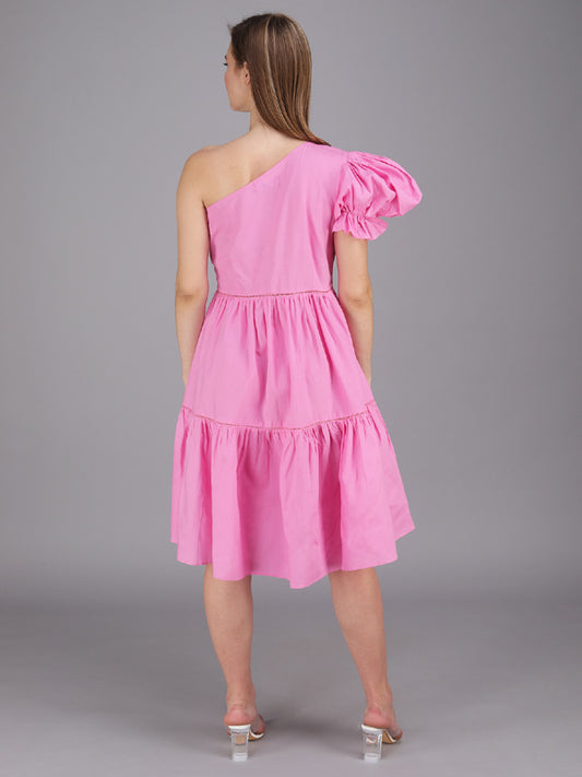 baby pink exaggerated one shoulder tier panel dress made in cotton