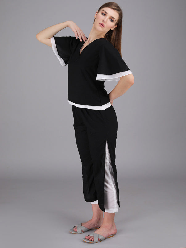 v-neck black and white coord set made in cotton