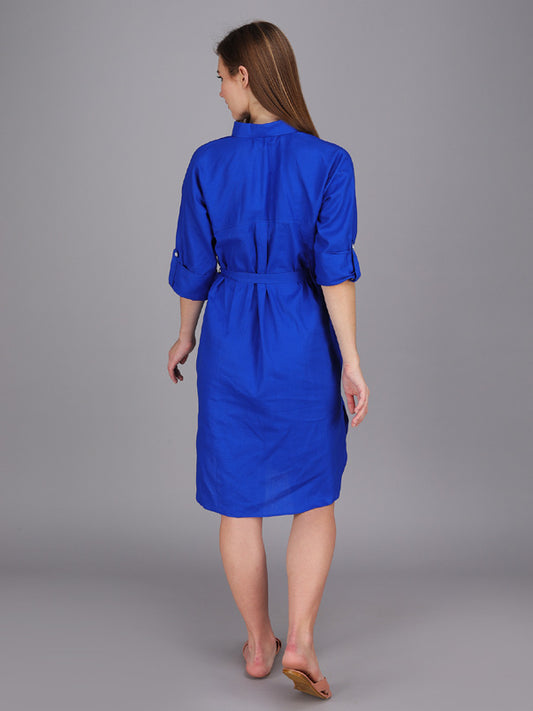Button down indigo blue shirt dress made in cotton poplin