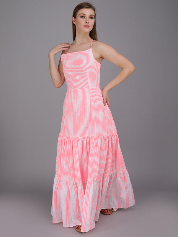 striped tier panel full dress with tie up back. made in cotton
