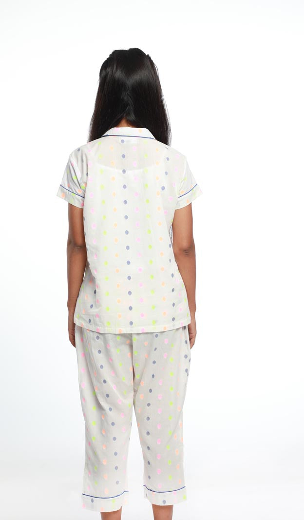 COLLAR BUTTON DOWN NEON POLKA NIGHT SUIT MADE IN COTTON