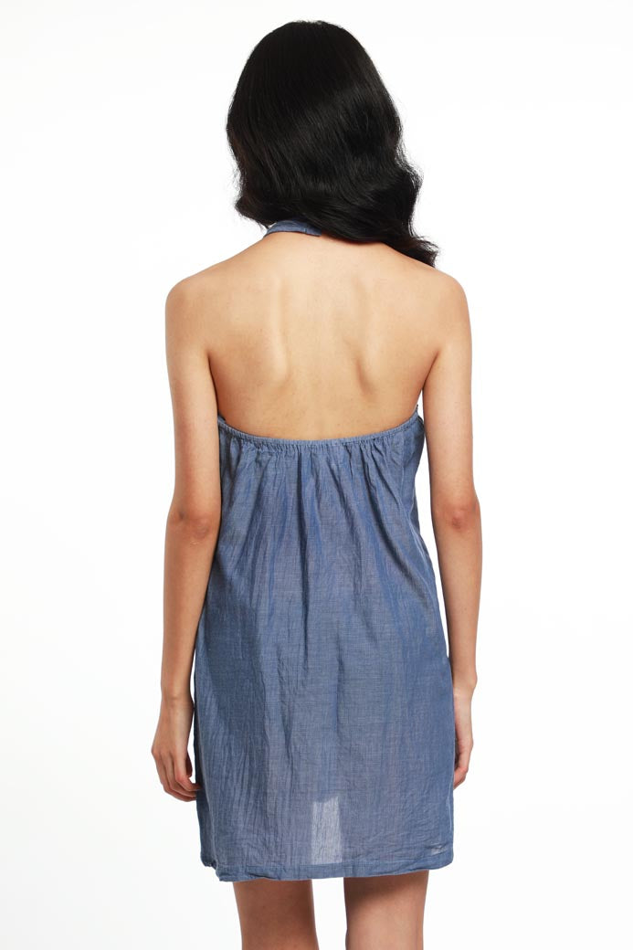 HALTER NECK, COTTON CHAMBRAY SLIP DRESS