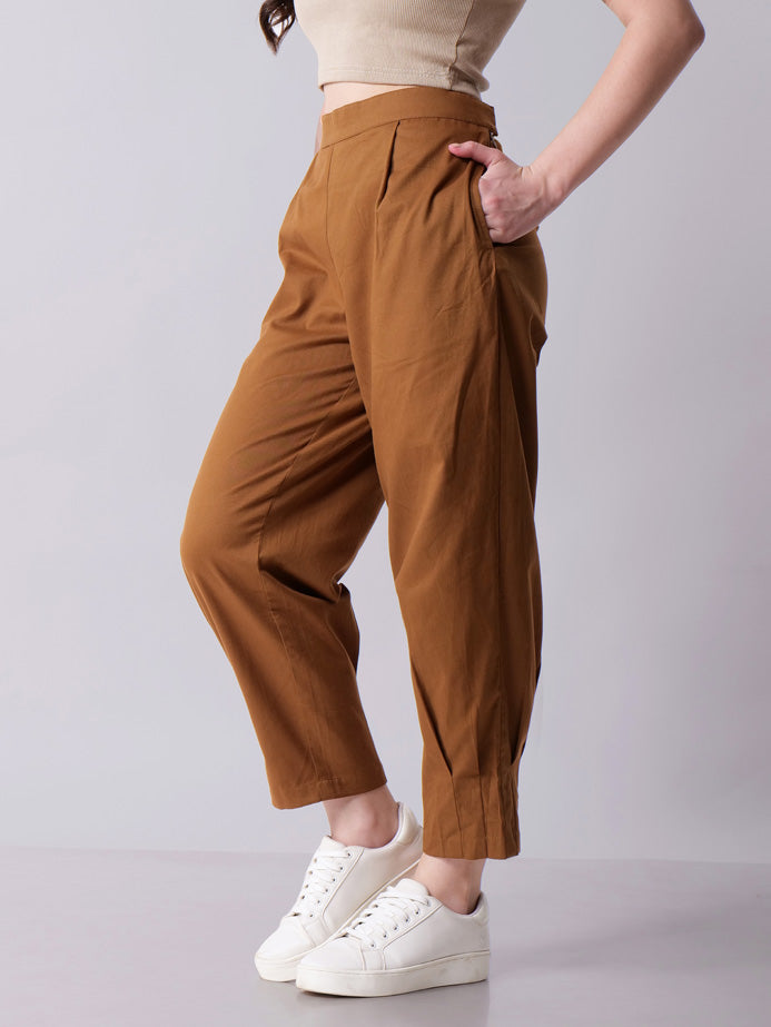Camel Tapered Pants with Box Pleats