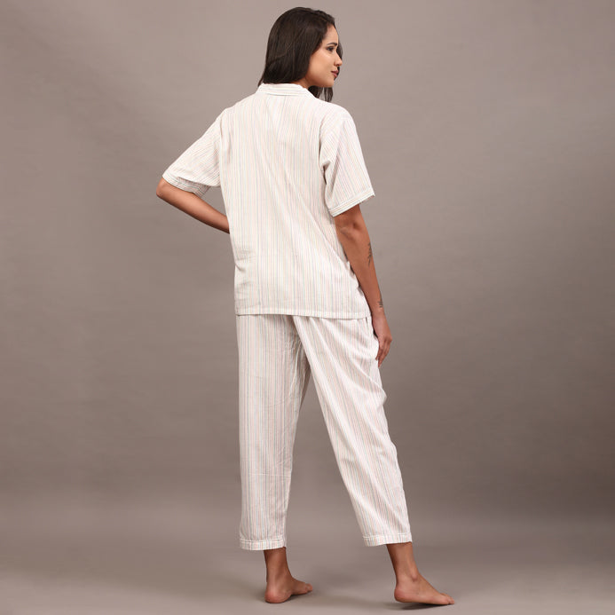 White collared night suit with Kantha stripes