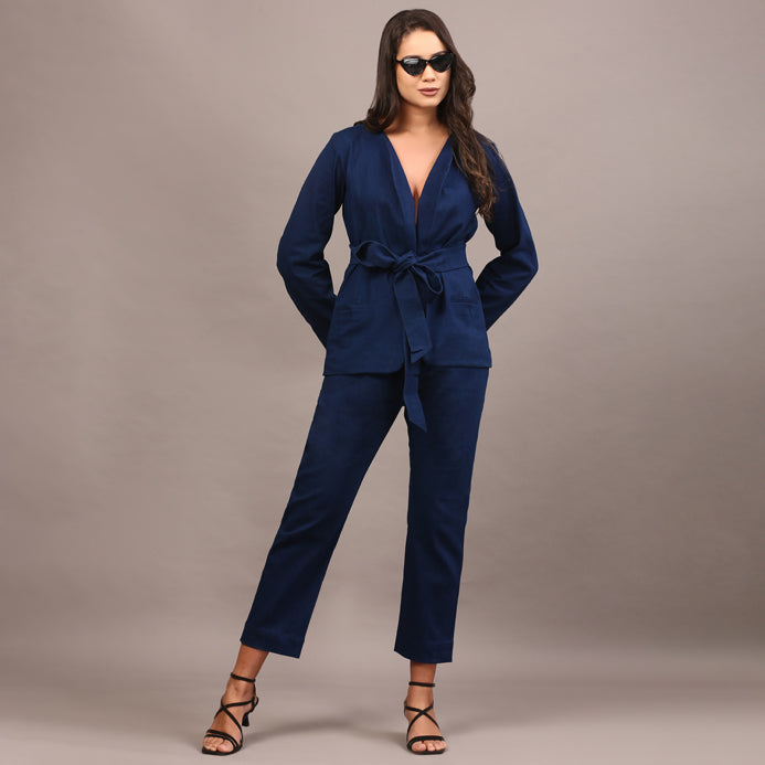 Denim belted blazer set