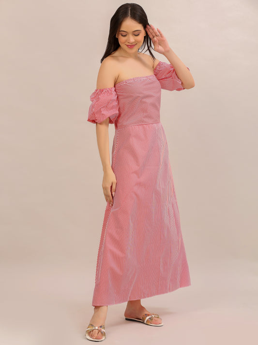 Coral Pink Striped Off-Shoulder Maxi Dress