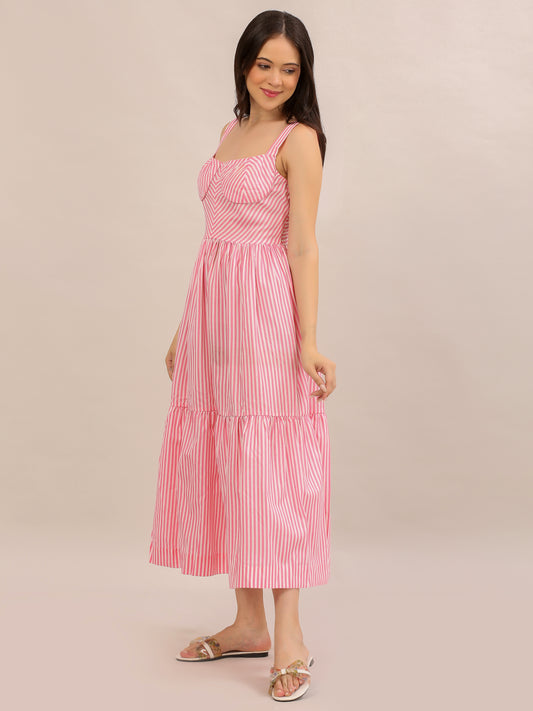 Pink Striped Bustier Tiered Maxi Dress