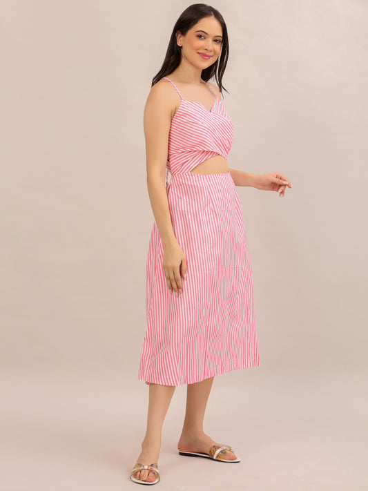 Pink Striped Cut-Out Wrap Midi Dress