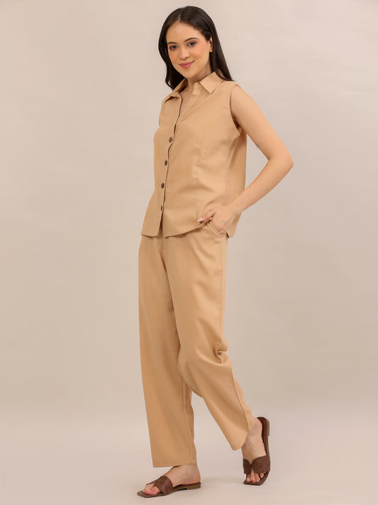 Beige Sleeveless Button-Down Co-ord Set