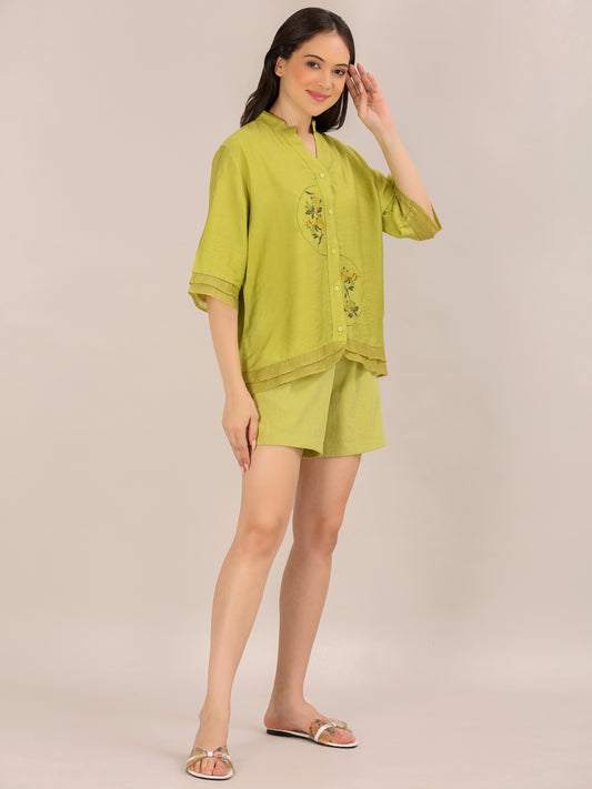 Lime Green Floral Embroidered Shirt and Shorts Co-ord Set