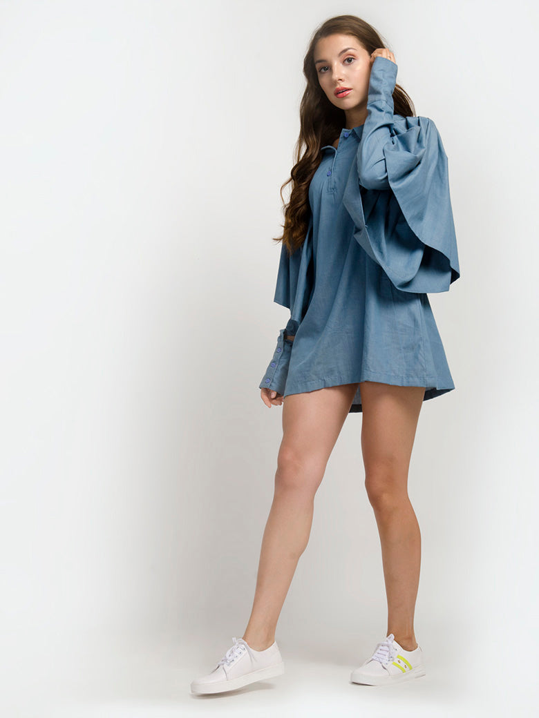 Ruffle Sleeve Collared Shirt Mini Dress