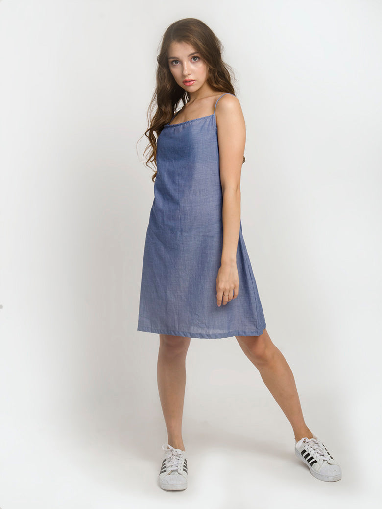 Denim Blue Spaghetti Strap Wrap Hemline Mini Dress