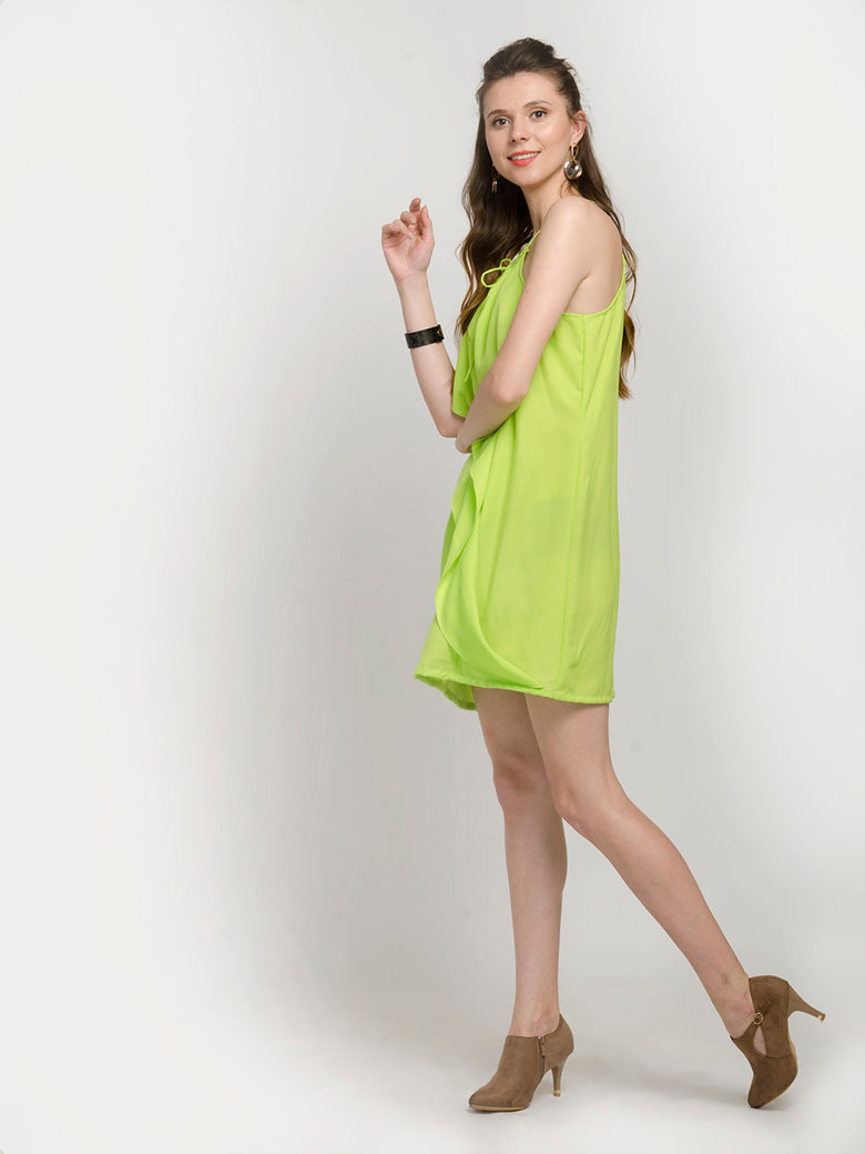 Alable Halter Neck Sleeveless Neon Lime Ruffle Dress