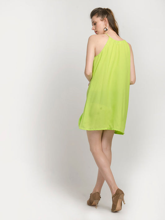 Alable Halter Neck Sleeveless Neon Lime Ruffle Dress
