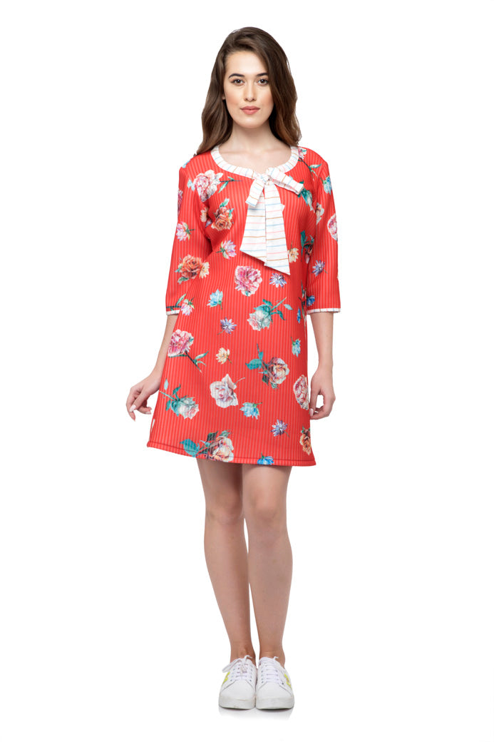 Full Sleeve Floral Print Dress with Tie Neck.