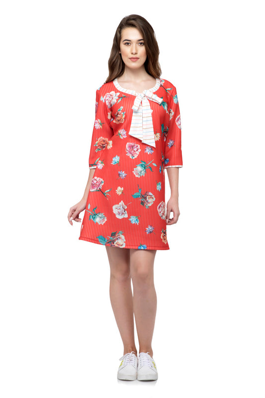 Full Sleeve Floral Print Dress with Tie Neck.