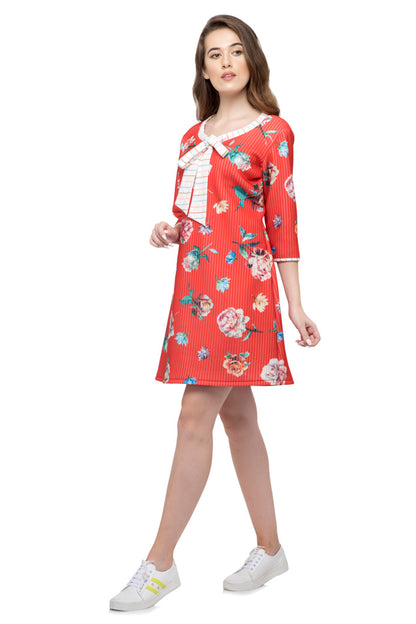 Full Sleeve Floral Print Dress with Tie Neck.