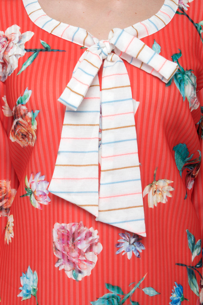 Full Sleeve Floral Print Dress with Tie Neck.