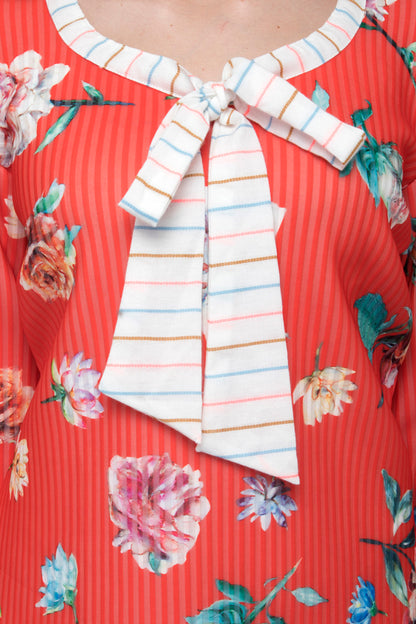 Full Sleeve Floral Print Dress with Tie Neck.
