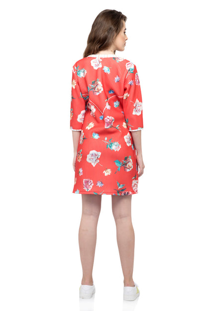 Full Sleeve Floral Print Dress with Tie Neck.