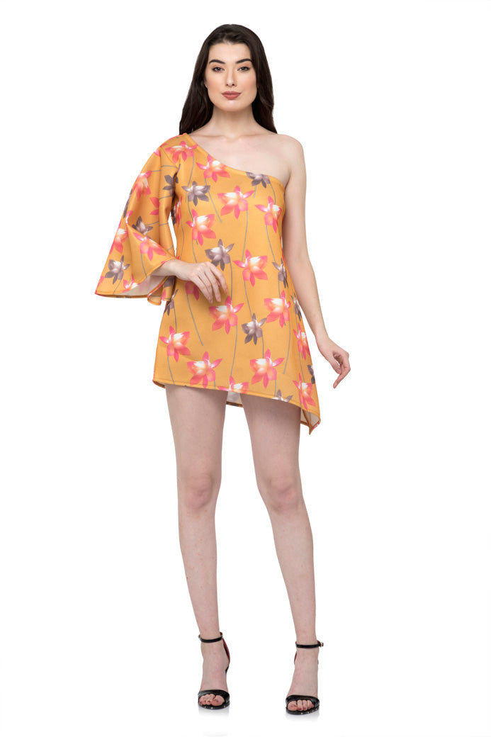 Asymmetric one sleeve flower print dress