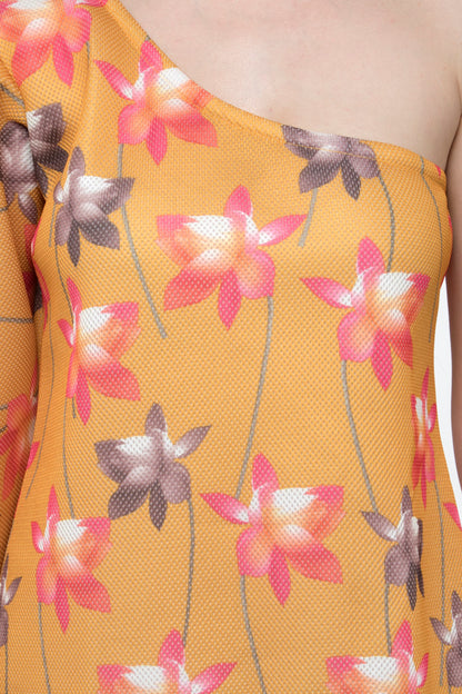 Asymmetric one sleeve flower print dress
