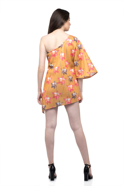 Asymmetric one sleeve flower print dress