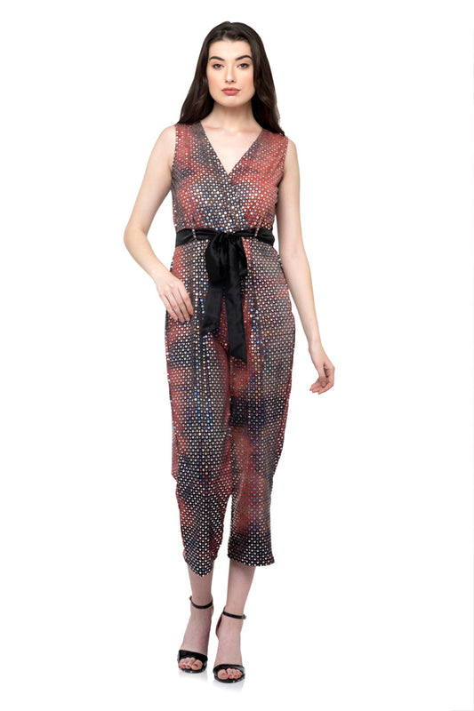 V shape plunge neck belted jumpsuit