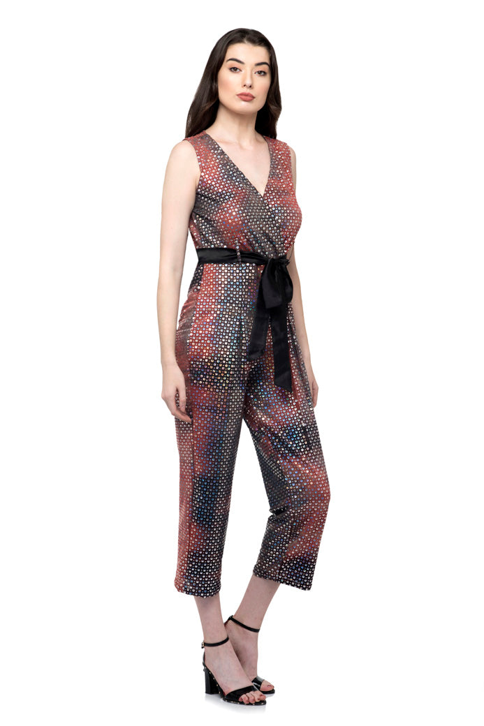 V shape plunge neck belted jumpsuit