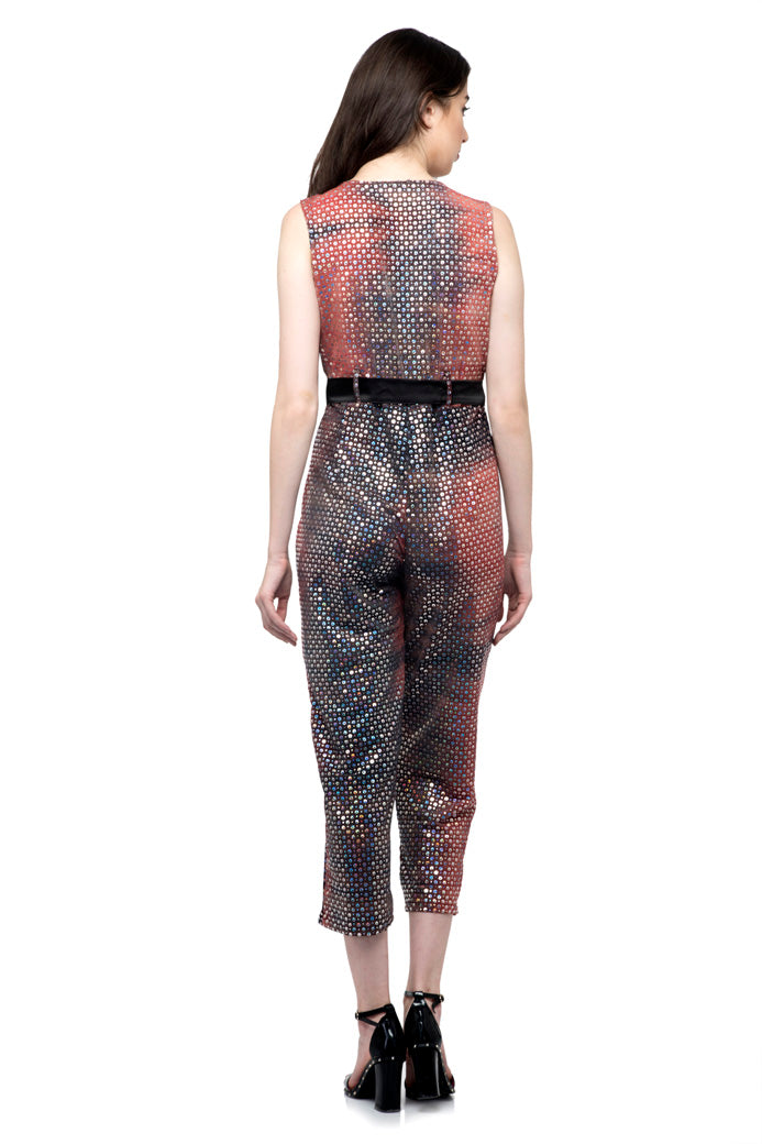 V shape plunge neck belted jumpsuit