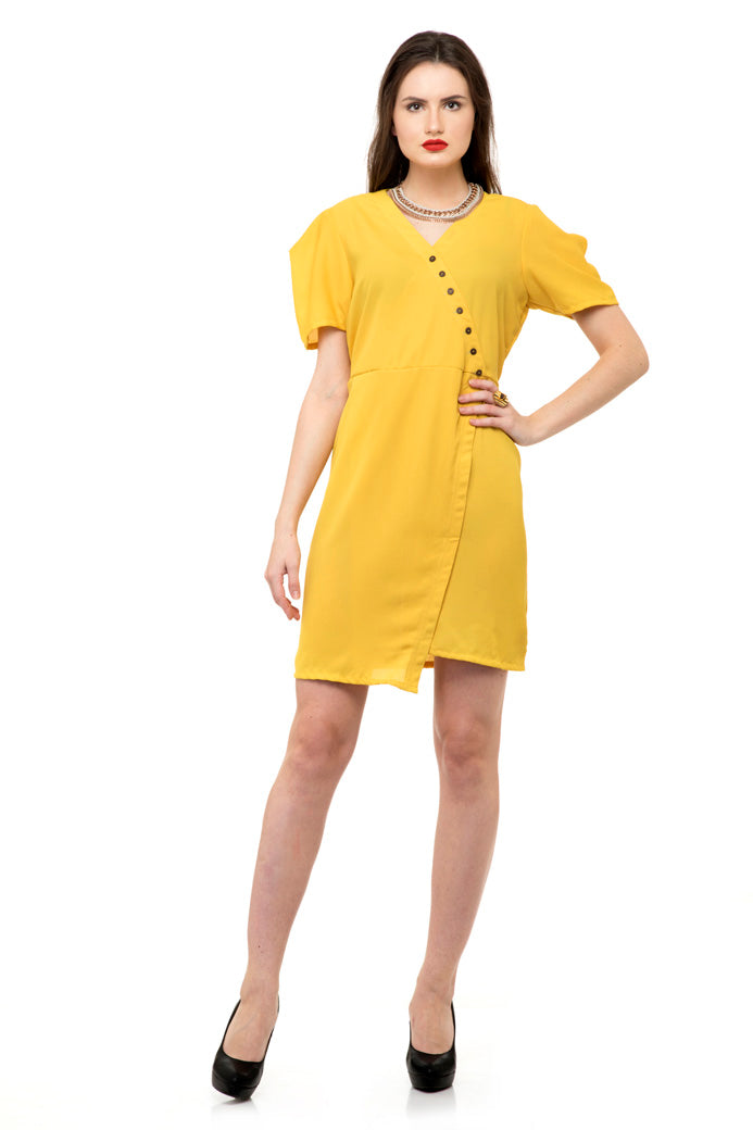 Yellow wrap folded dress with buttons
