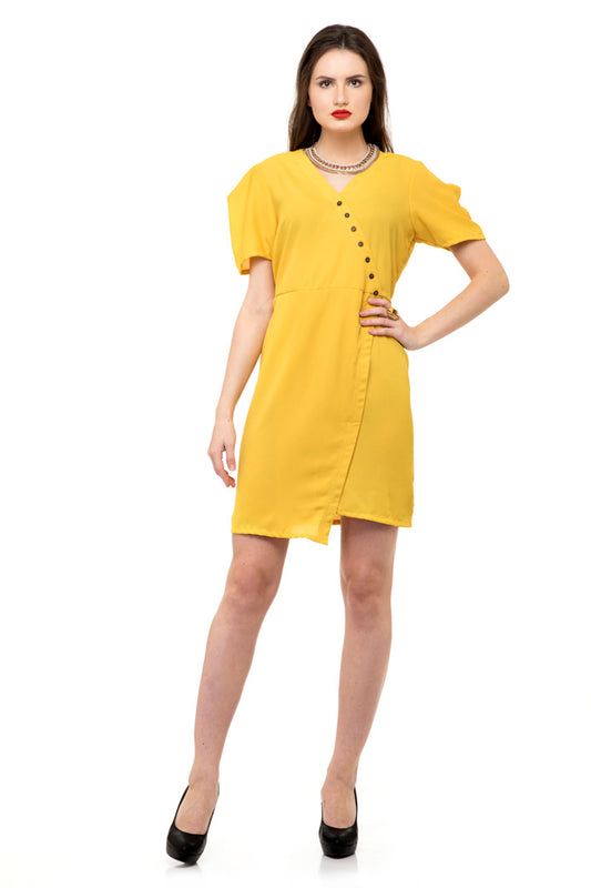 Yellow wrap folded dress with buttons