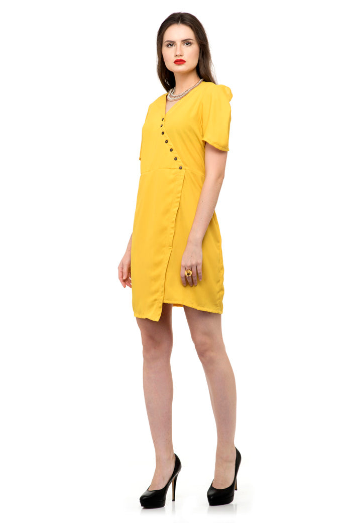 Yellow wrap folded dress with buttons