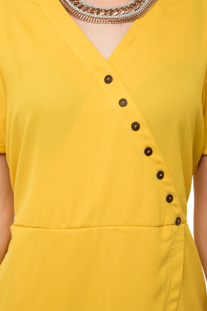 Yellow wrap folded dress with buttons