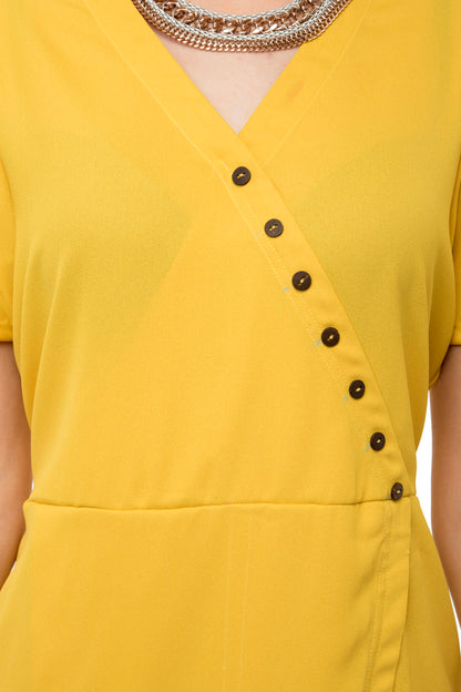 Yellow wrap folded dress with buttons