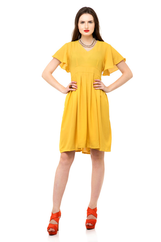 Yellow ruffle sleeve one piece dress with ruffle hem